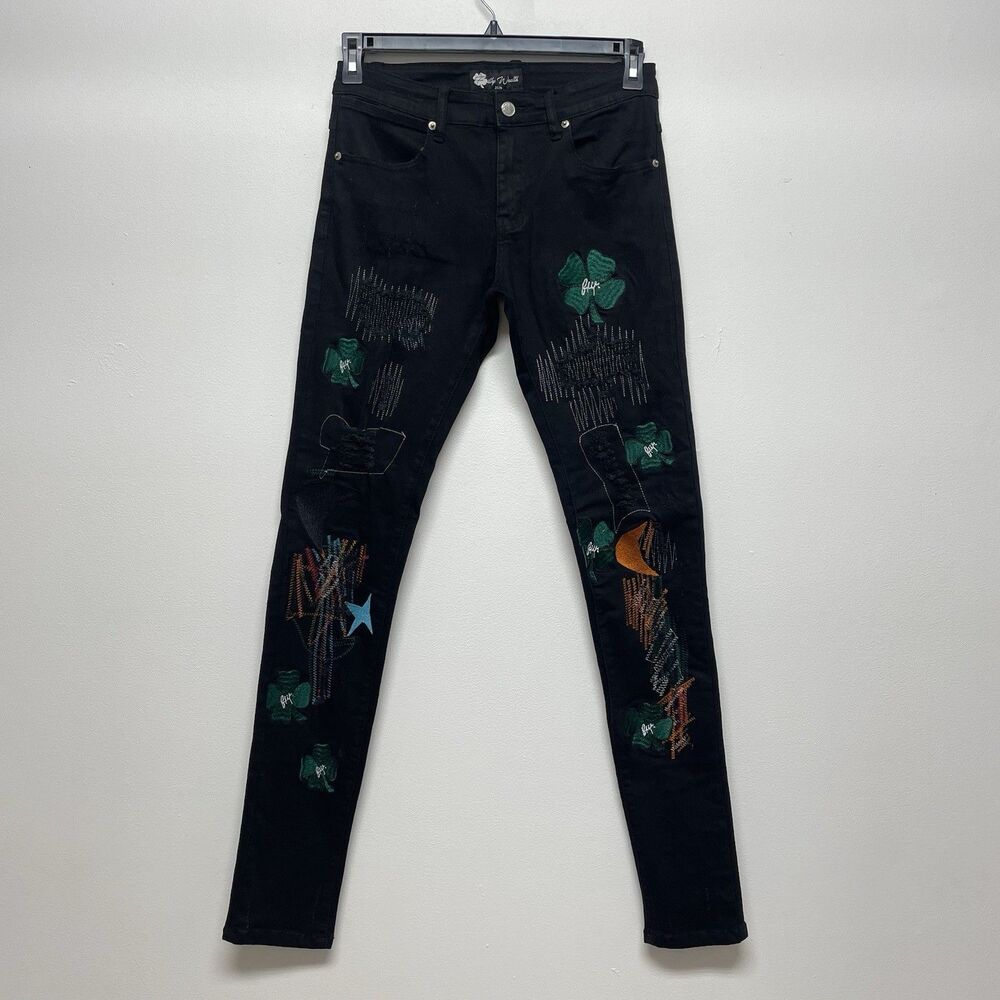 Filthy Wealth Green Clover/Moon Embroidery Patch Distressed Jeans Men's W30 L34